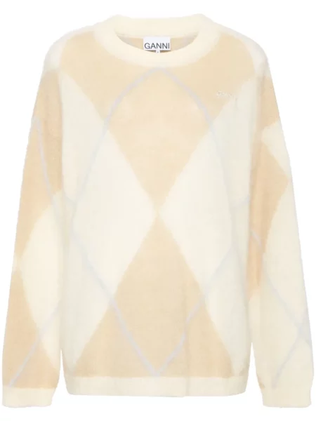 Pulover Ganni cu broderie cu model argyle maro