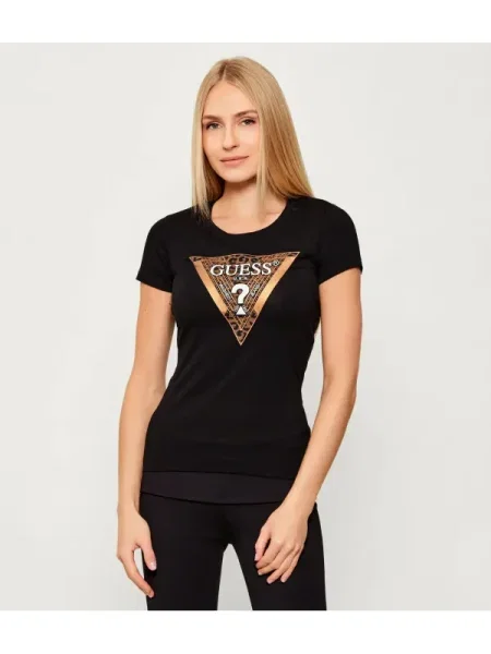 GUESS Tricou maro / auriu alb negru