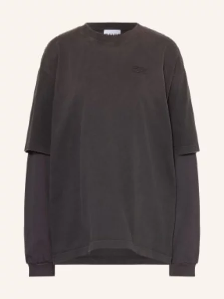 Ganni Oversized Tričko S Dlouhým Rukávem tmavě šedá