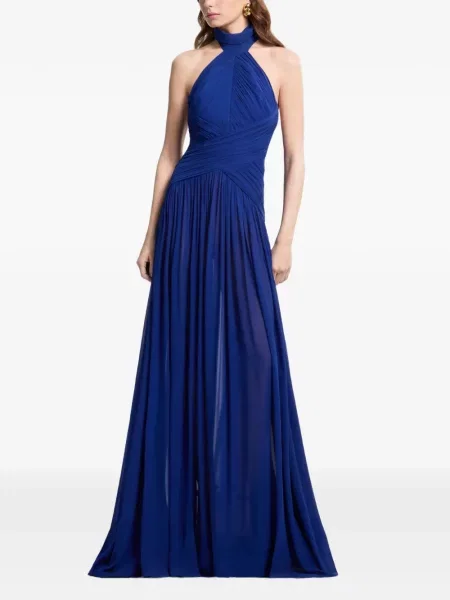 Rochie maxi Elie Saab drapată cu gât halter albastru