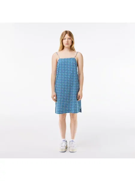 Lacoste Sukienka Monogram Na Ramiączkach Straight Fit zielona