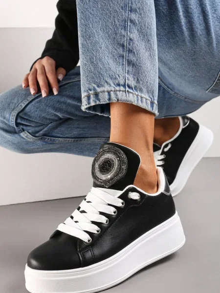 Sneakers pe Platformă cu Pietre Strass pe Limbă Lată Esirel negri