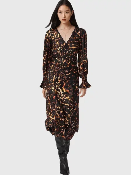 Сукня з додаванням шовку AllSaints midi розкльошена коричневий