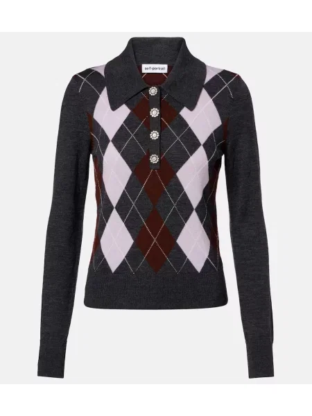 Pulover Self-portrait de lână cu model argyle gri