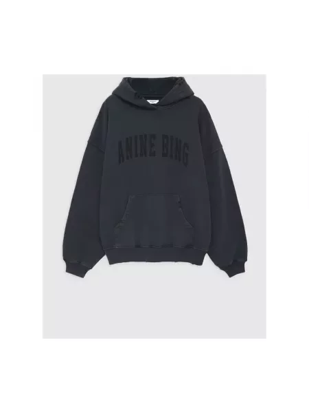 Anine Bing bluza Harvey Sweatshirt szary z kapturem z nadrukiem czarna