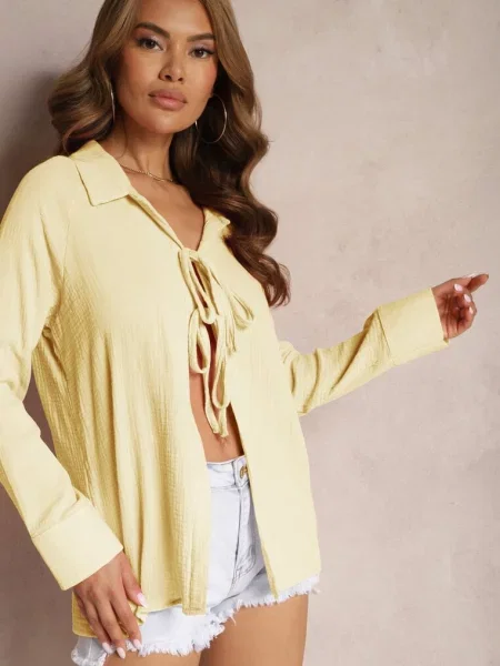 Casualowa Bluzka z Bawełny Wykończona Wiązaniem i Kołnierzykiem Cyrilla żółta