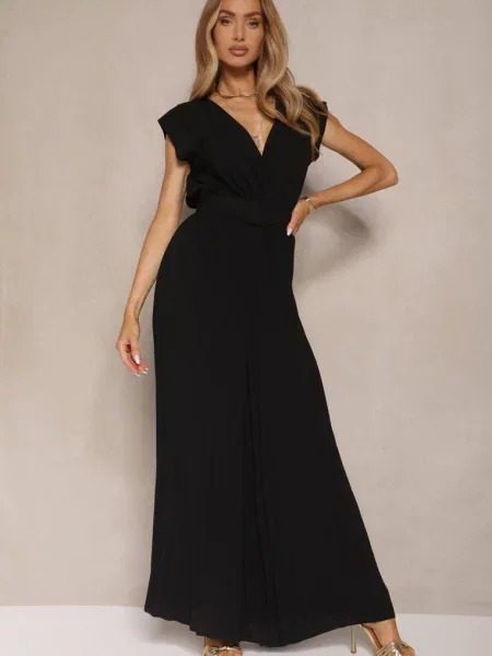 Kopertowy Kombinezon Wide Leg Zdobiony Plisami i z Klamrą Salirella czarny