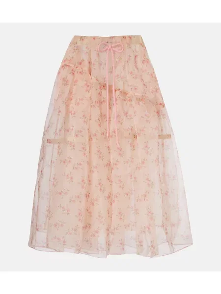 Fustă midi Simone Rocha cu model floral din tul până la genunchi roz