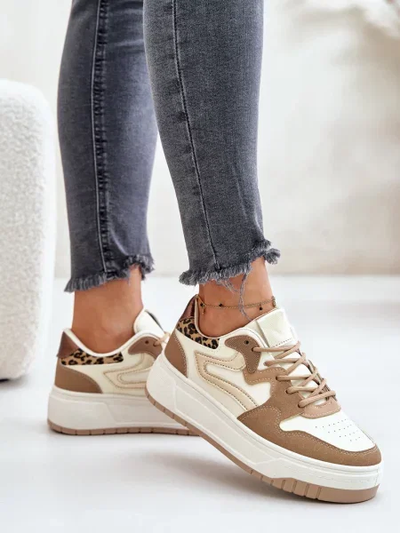 Sneakerși Kesi din piele cu platformă cu model leopard bej