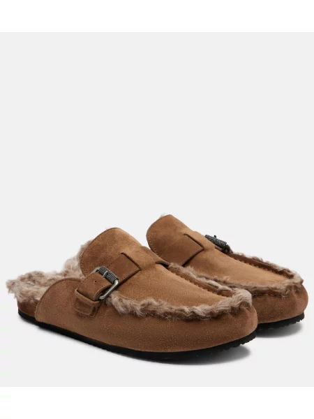 Papuci de casă Brunello Cucinelli din piele de căprioară maro