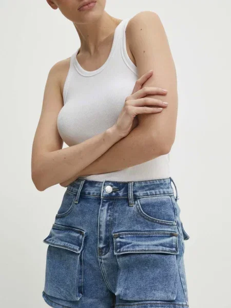 Дънков къс панталон Answear Lab с изчистен дизайн с висока талия синьо