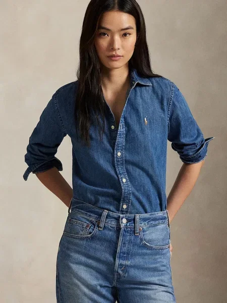 Bluzka Ralph Lauren z twillu z długim rękawem niebieska