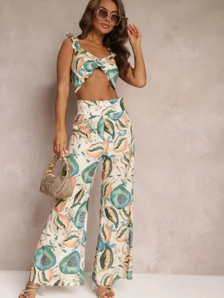 Set 2 piese cu top și pantaloni largi Assomi bej