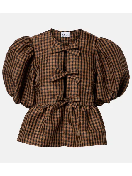 Cu peplum bluză Ganni cu funde în carouri maro