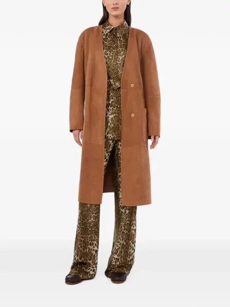 Cu centură palton Max Mara din piele de căprioară maro