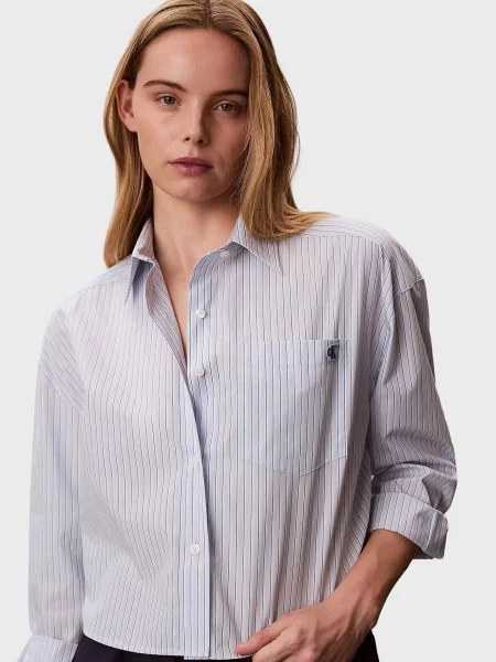 Смугаста укорочена джинсова сорочка Calvin Klein Jeans блакитна