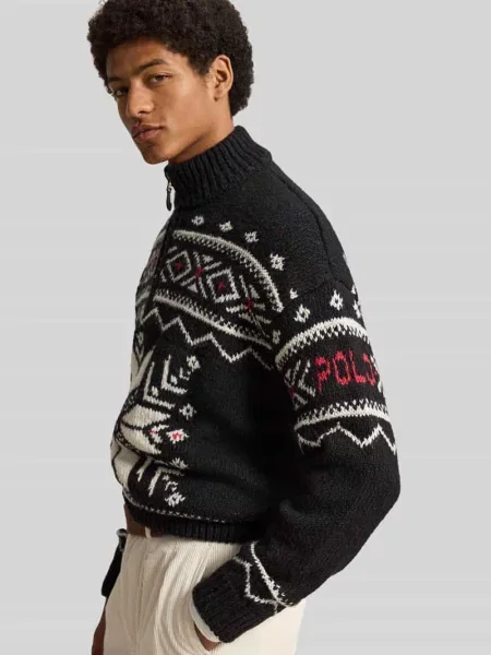 Sweter o kroju regular fit z wełny z kołnierzem zapinanym Polo Ralph Lauren czarny