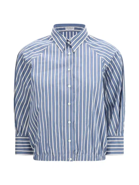 Top Brunello Cucinelli cu dungi din poplin albastru