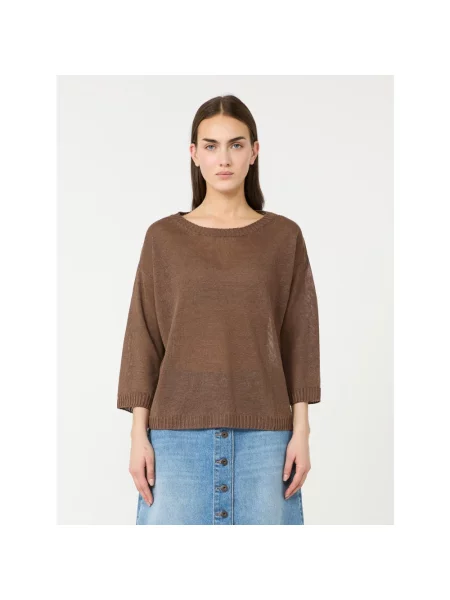 Lniany krótki sweter Weekend Max Mara brązowy