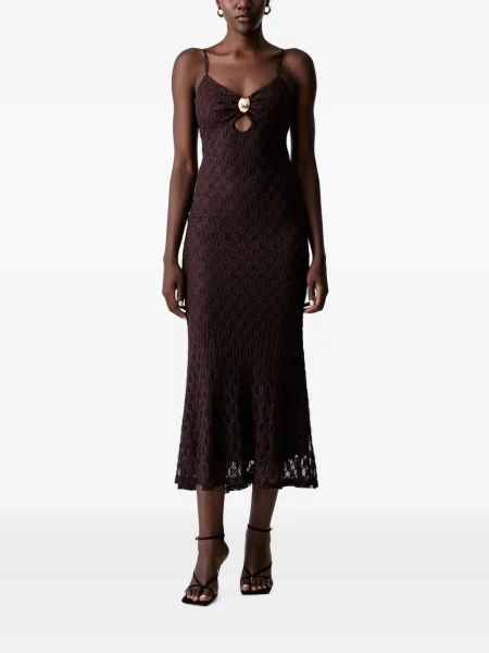 Rochie midi Bardot cu model floral din dantelă maro