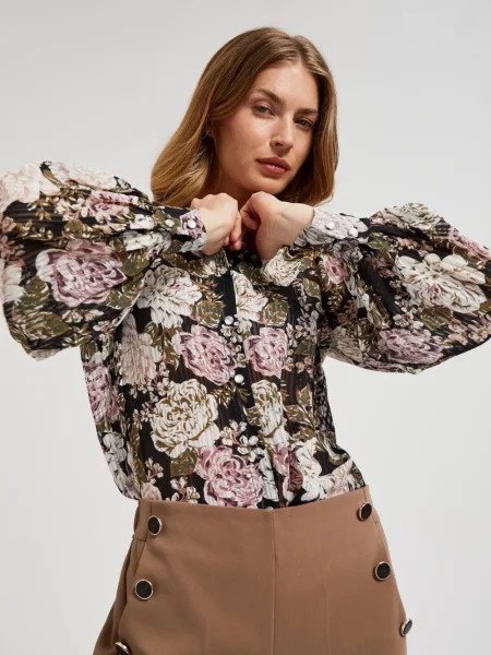 Plisirana srajca Marisse s cvetličnim vzorcem črna