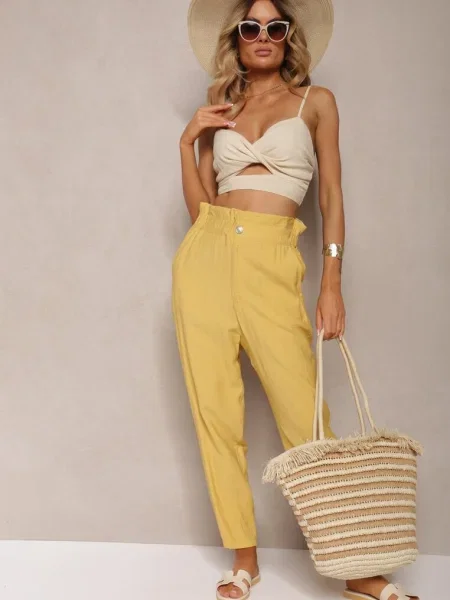 Clasic Pantaloni cu Talie Elastică Paper Bag Targea galben