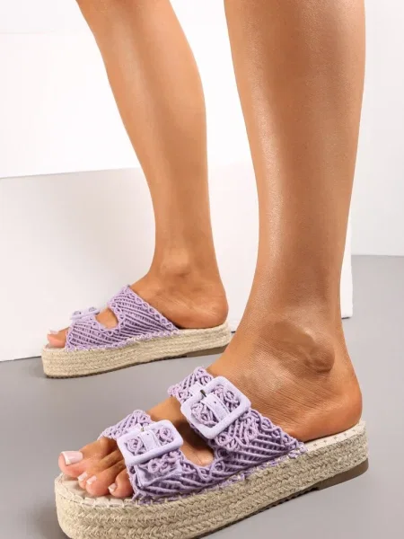 Papuci de casă mov pe platformă din împletitură și croșetată Patienci