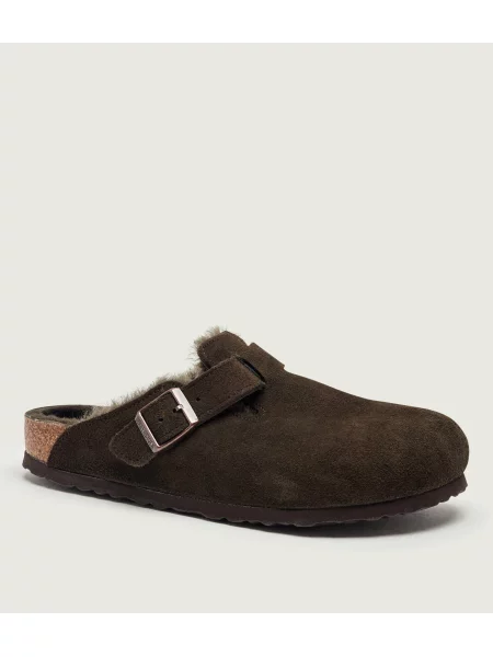 Papuci tip mules Birkenstock cu blană maro