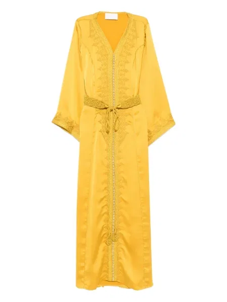 Haftowana sukienka midi Reem Al Dhaheri z dekoltem w serek do kolan żółta