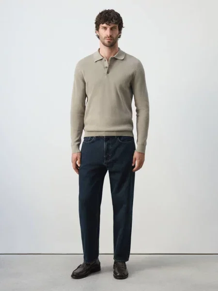 Sweter polo z cienkiej dzianiny z domieszką bawełny norkowy Mężczyzna XXL MANGO MAN szary