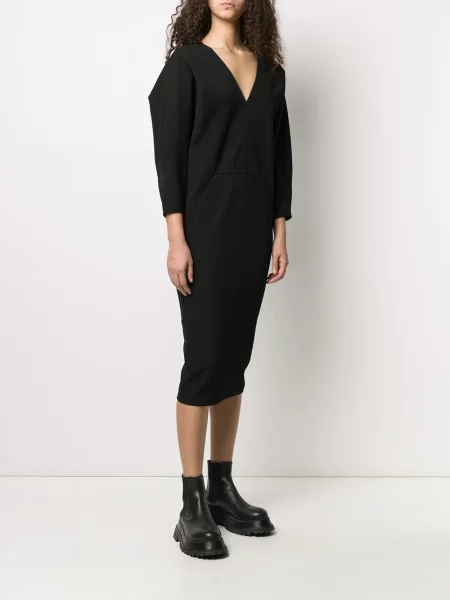 Oblekové midi šaty Rick Owens s výstřihem do v po kolena černé
