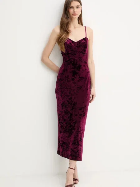 Guess sukienka welurowa maxi prosta bordowy