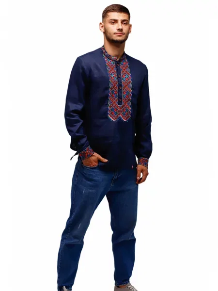 Лляна Вишита сорочка Folk Moda темно-синій синя