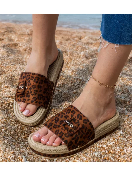 Sandale D/ceo cu platformă cu model leopard cu cataramă maro