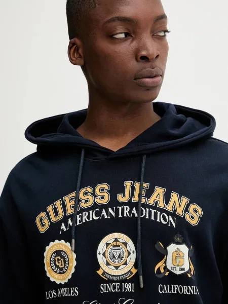 Свитер Guess Jeans с капюшоном с принтом синий