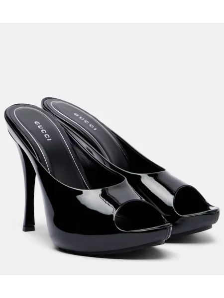 Papuci tip mules Gucci din piele cu platformă de lac negru