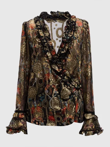 Блуза із шовку на запах у візерунок Roberto Cavalli