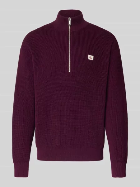 Sweter z dzianiny z prążkowanymi wykończeniami Calvin Klein Jeans bordowy