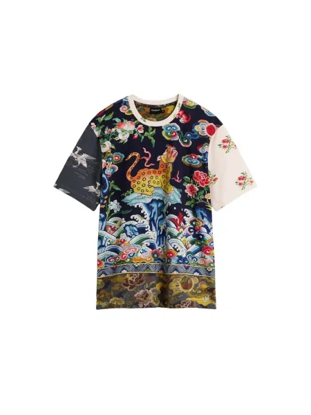 Desigual Tricou albastru / portocaliu / negru / lână alb