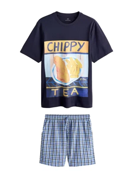 Next Pijama scurtă Frankie Thorp bleumarin / galben curry / negru alb