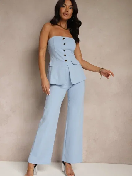 Komplet Top Bandeau Zdobiony i Spodnie o Szerokim Kroju Palarienna niebieski