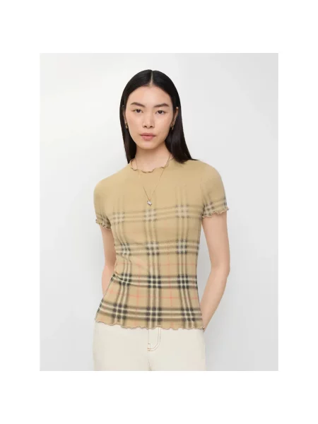 Koszulka Burberry w kratę ze stretchu beżowa