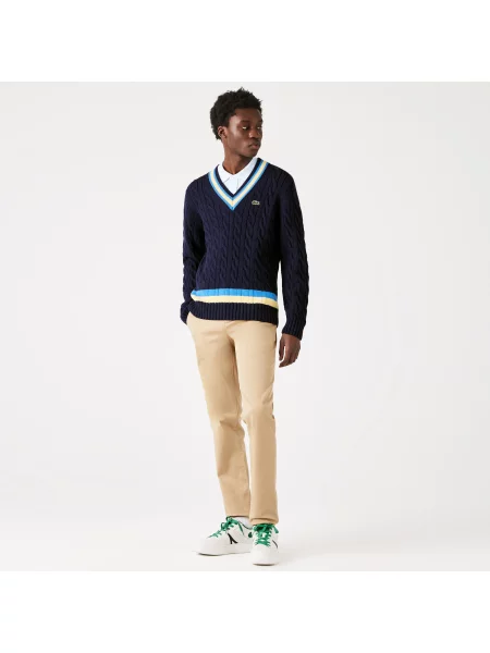Lacoste Sweter Wełniany W Pasy W Kontrastowych Kolorach Z Dekoltem W Kształcie Litery V Classic Fit granatowy