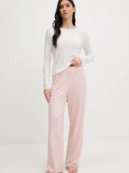 United Colors of Benetton longsleeve piżamowy z domieszką lnu beżowy