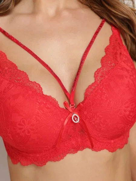 Sutien Full Cup cu Dantelă Pietre și Bandă Decorativă pe Bretele Reglabile Vladia roșu