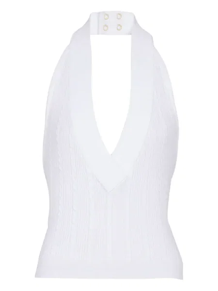 Top Balmain tricotate cu gât halter alb