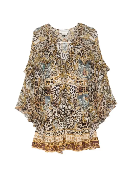 Rochie mini Camilla de mătase cu volane maro