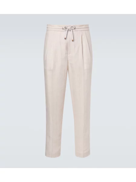 Lněné pruhované lněné kalhoty Brunello Cucinelli bílé