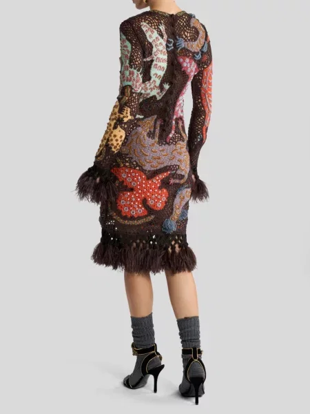 Rochie mini Etro de lână cu pene maro