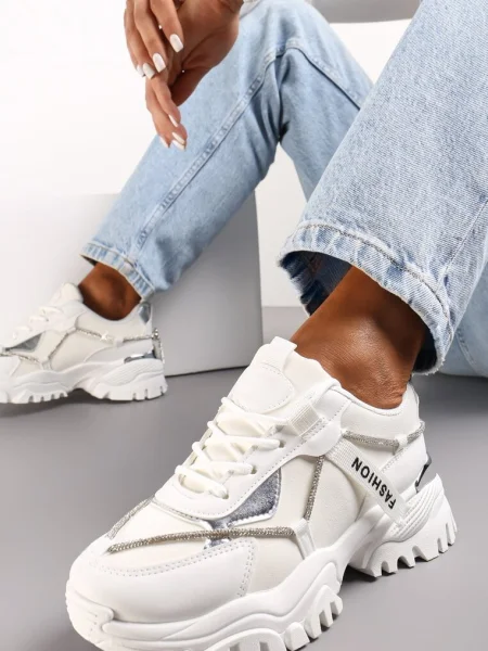 Sznurowane Sneakersy z Ozdobnym i Metalicznymi Wstawkami Asterella białe